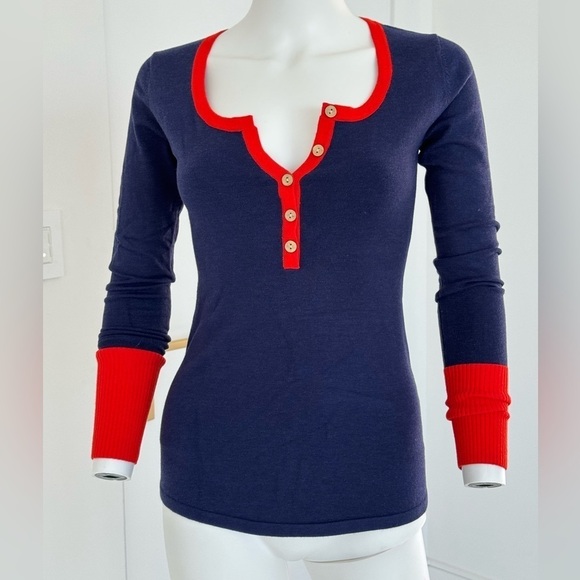 PattyBoutik Notch Neck Trim Long sleeve Sweater Dark Blue and Tangelo X-Small - Picture 1 of 7